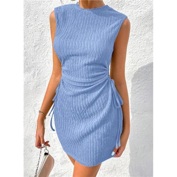 Summer Crewneck Sleeveless Cut Out Drawsting Ruched Mini Wedding Guest Dress - Picture 3 of 7